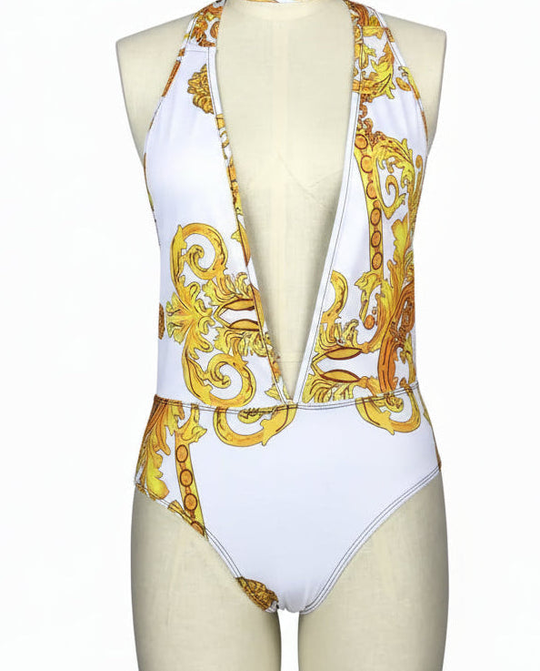 Baroque Swimwear Set Plunge Halter Neck One-Piece Longline Swim Cover-Up