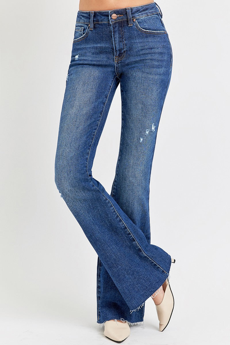 RISEN Mid-Rise Jeans Slim Fit Flare Leg Distressed Frayed Raw Hem Denim Pants Plus Size Available
