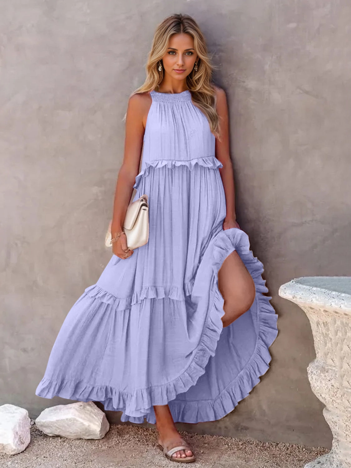 Ruffle Sleeveless Grecian Tie Back Tiered Summer Side Pocket Oversized High-Low Maxi Dress