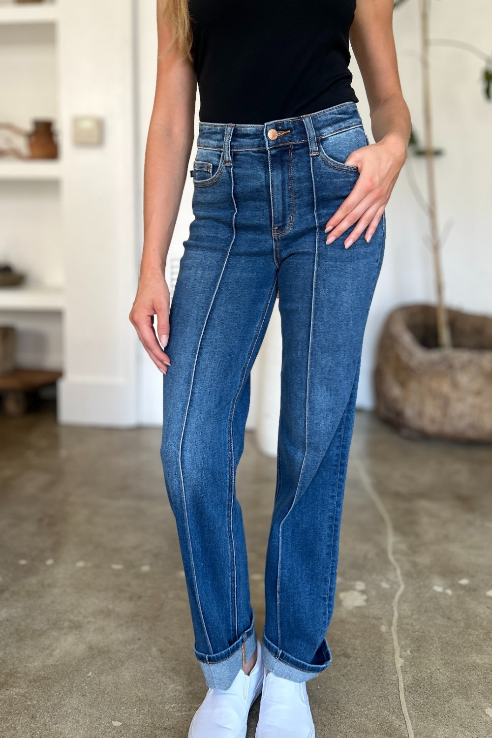 High-Rise Exposed Seam Straight Leg Jeans Dark Denim Pants Judy Blue