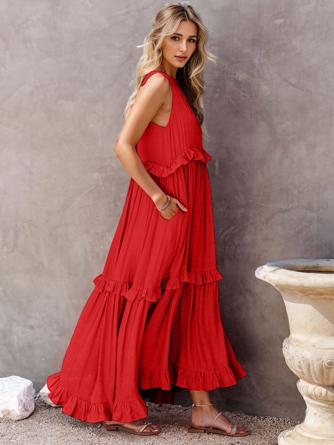 Ruffle Sleeveless Grecian Tie Back Tiered Summer Side Pocket Oversized High-Low Maxi Dress