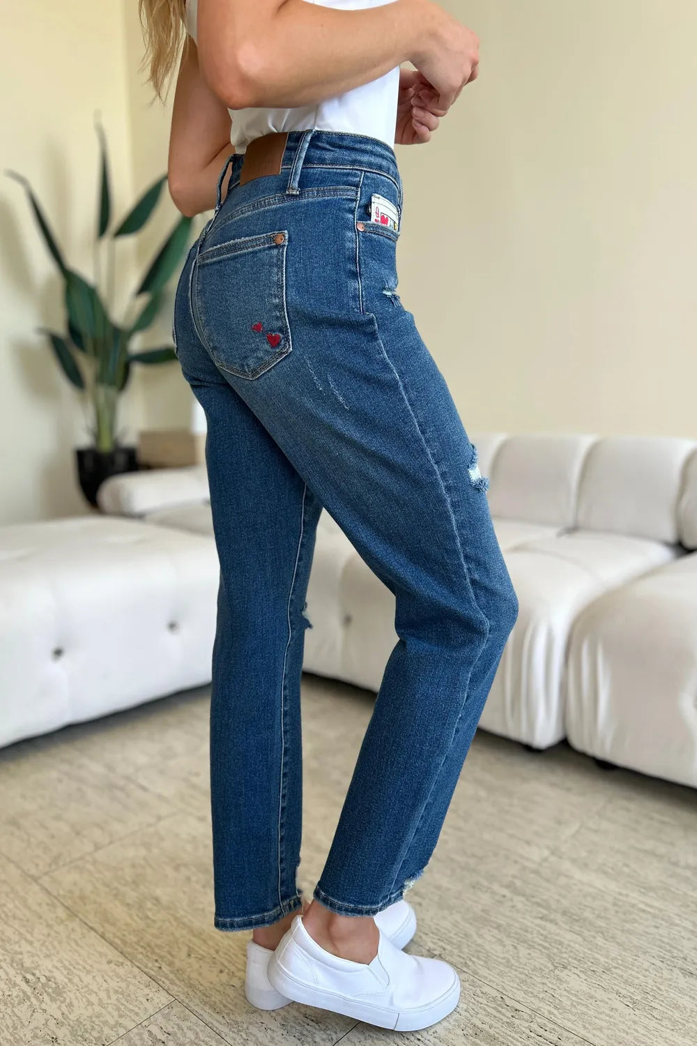 Judy Blue Queen Of Hearts Mid-Rise Distressed Torn Denim Slim Mom Jean Pants