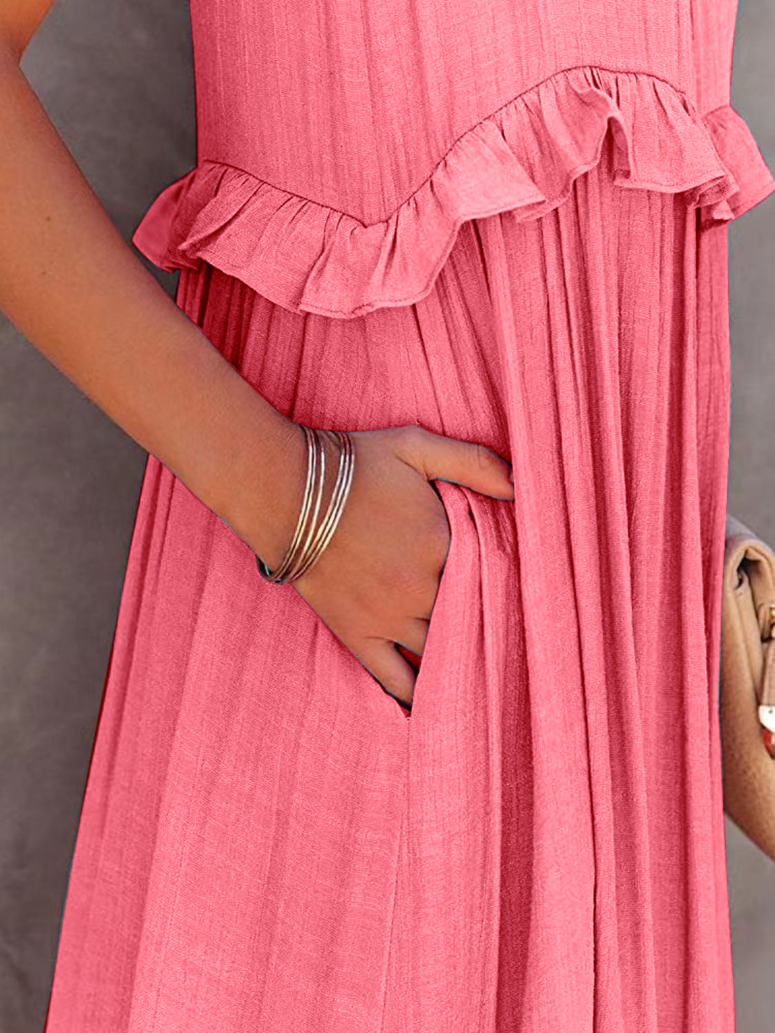 Ruffle Sleeveless Grecian Tie Back Tiered Summer Side Pocket Oversized High-Low Maxi Dress