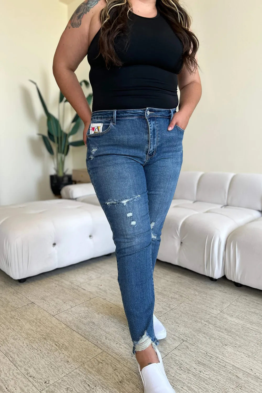 Judy Blue Queen Of Hearts Mid-Rise Distressed Torn Denim Slim Mom Jean Pants