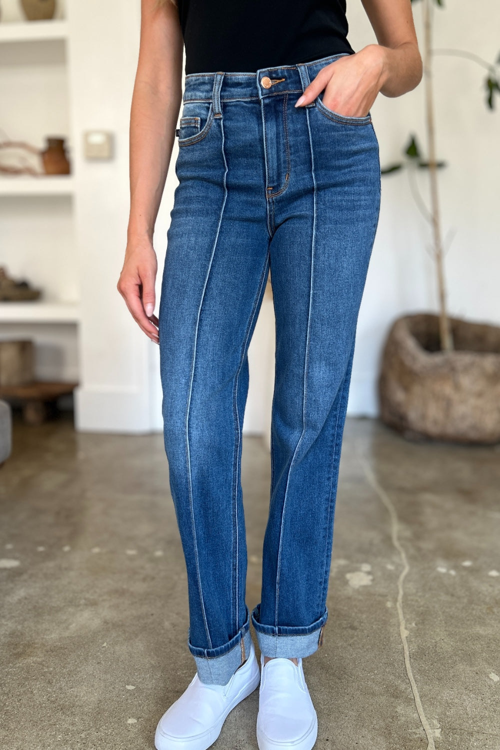 High-Rise Exposed Seam Straight Leg Jeans Dark Denim Pants Judy Blue