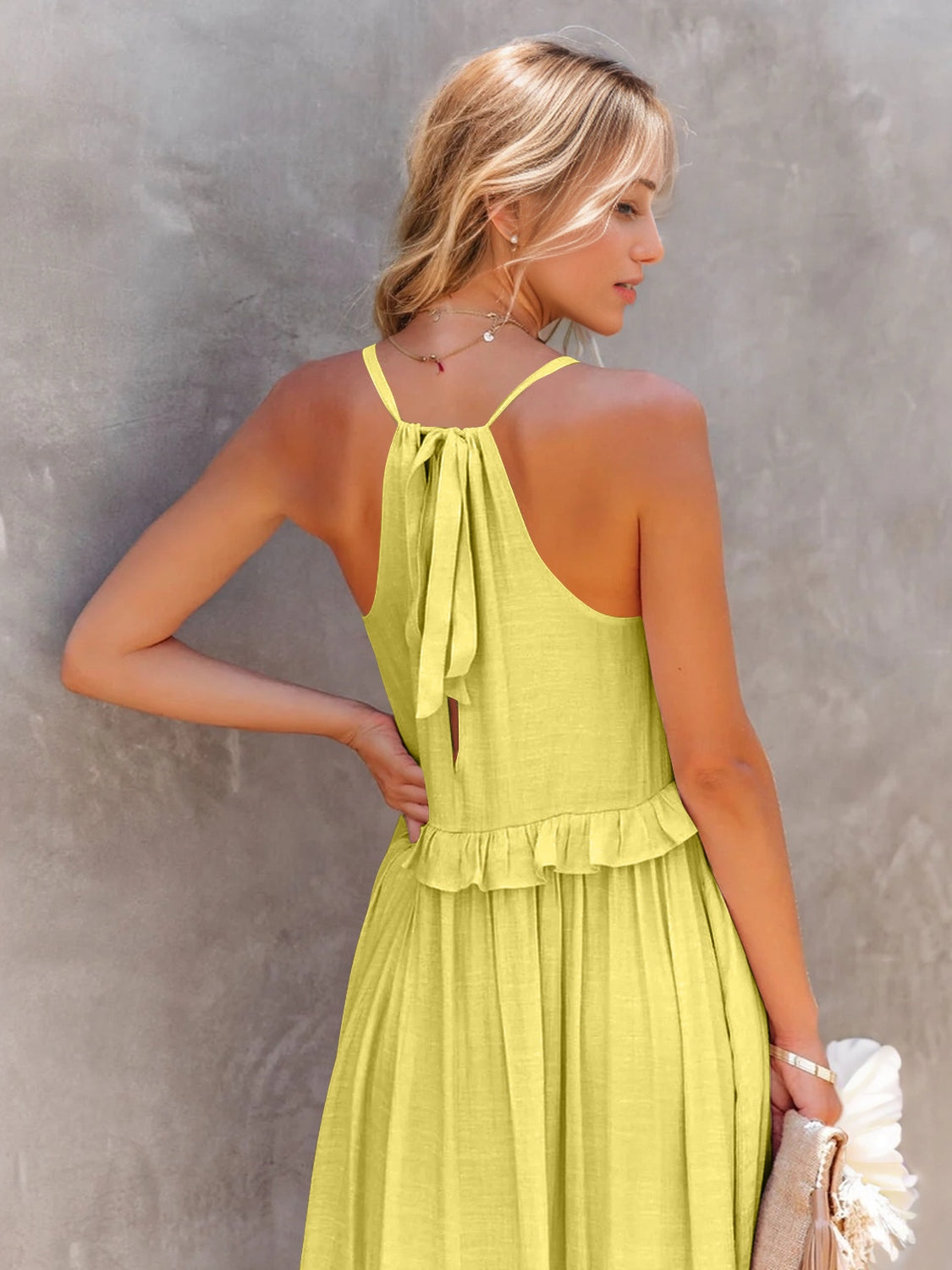 Ruffle Sleeveless Grecian Tie Back Tiered Summer Side Pocket Oversized High-Low Maxi Dress