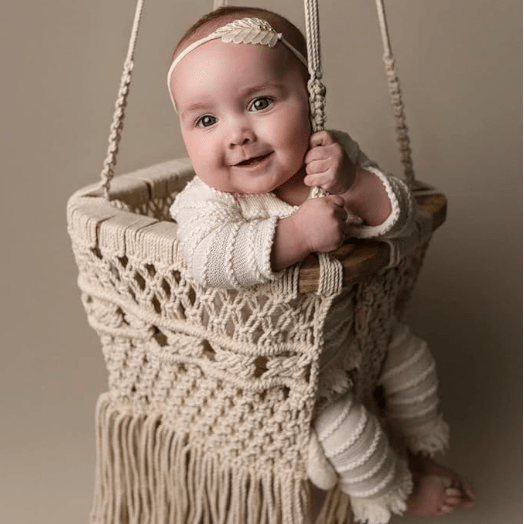 Finn + Emma Macrame Hanging Baby Swing Handmade Boho Home Room