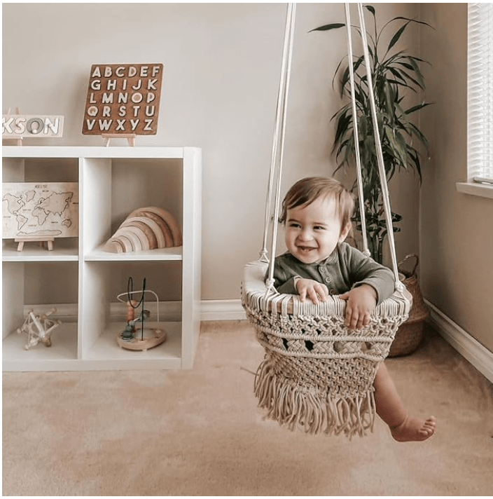 Finn + Emma Macrame Hanging Baby Swing Handmade Boho Home Room
