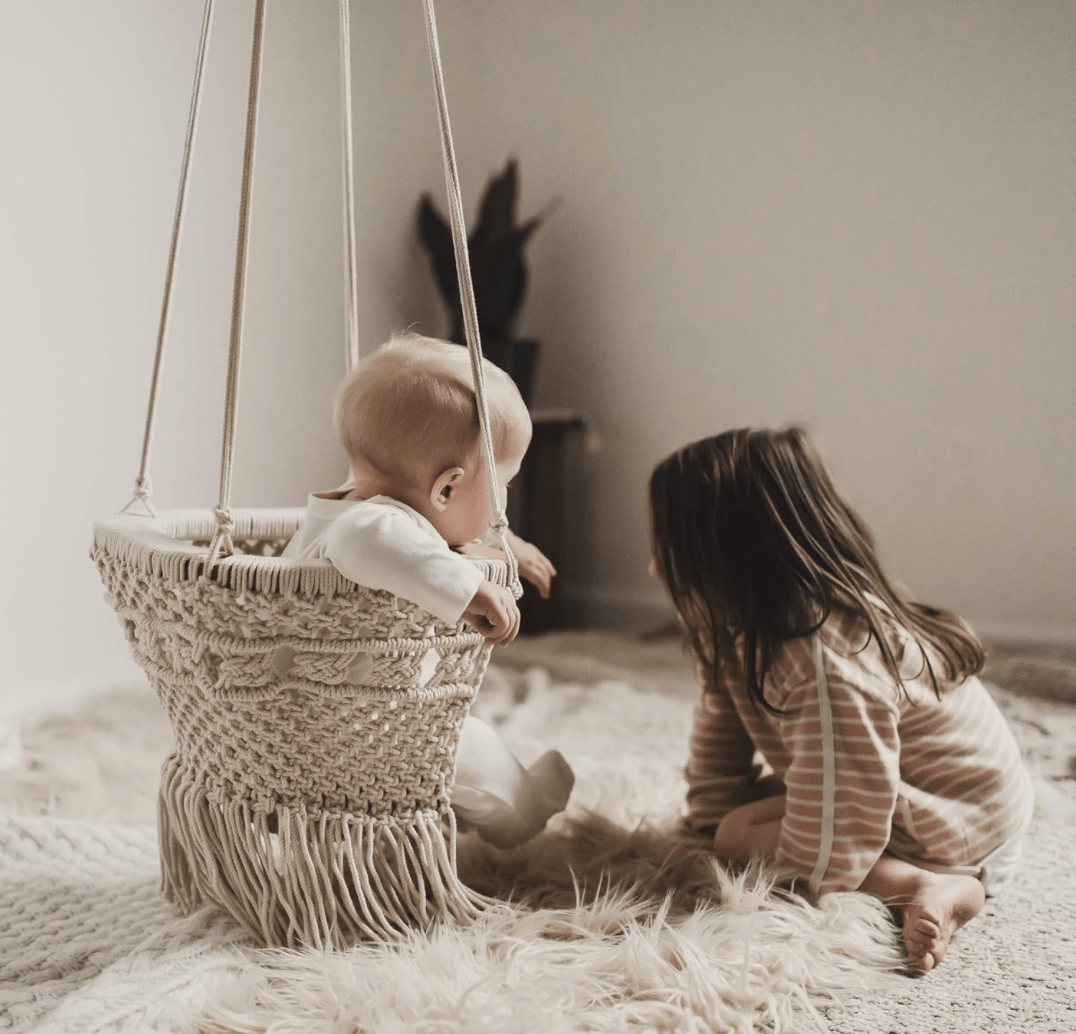 Finn + Emma Macrame Hanging Baby Swing Handmade Boho Home Room
