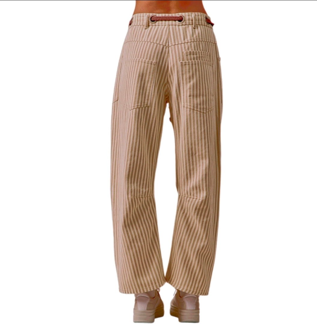 BiBi Barrel Leg Drawstring Waist Retro Patchwork Stripe Cotton Twill Baggy Tapered Pants Mocha Brown