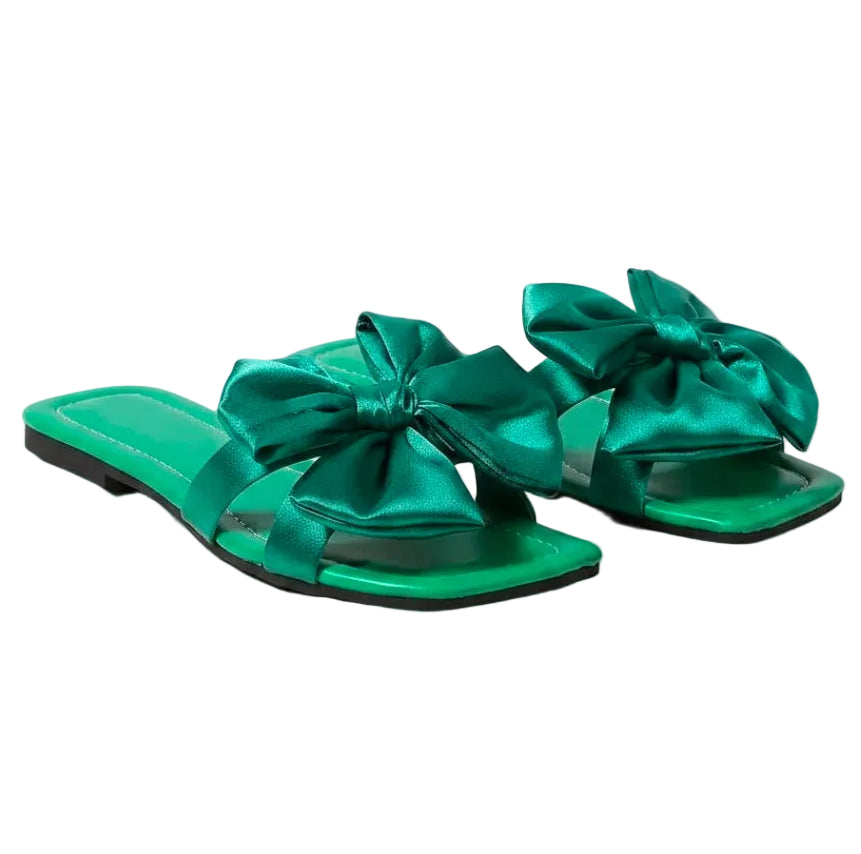 Bold Oversized Silky Bow Sandals Square Open Toe Slip-On Flats Coquette Shoes