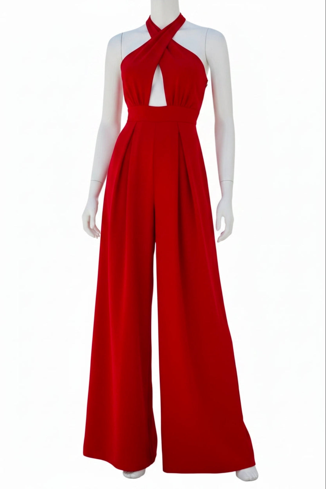 Cutout Chest Open Back Plunging Halter Neck One-Piece Pleated Wide Leg Jumpsuit
