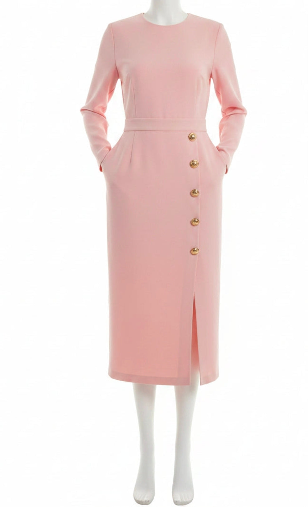 Long Sleeve Dress Round Neck Button Accent Side Pockets Slit Midi