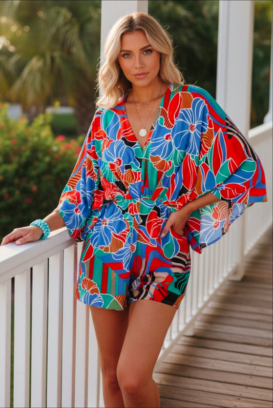 Kimono Sleeve Elastic Waist Open Tie Back One-Piece Short Romper