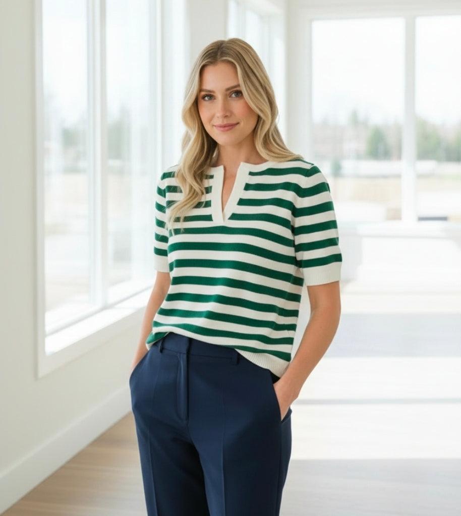 Zenana Knit Top Split Neck Preppy Stripe Short Sleeve Sweater Shirt Green