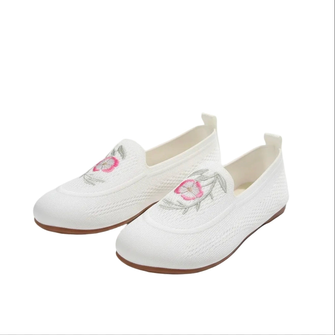 Retro Floral Embroidered Knit Slip-On Loafers Round Toe Shoes Ballet Flats
