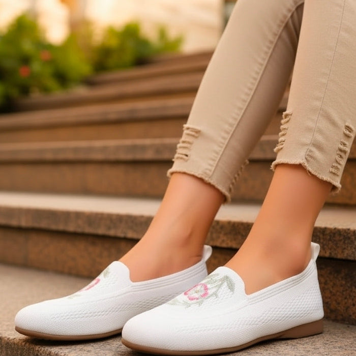 Retro Floral Embroidered Knit Slip-On Loafers Round Toe Shoes Ballet Flats