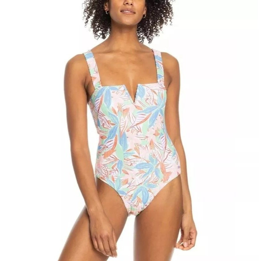 Roxy Love the Coco Sprusetone Notch One-Piece Swimsuit Floral Retro Swimwear