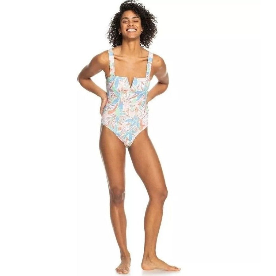 Roxy Love the Coco Sprusetone Notch One-Piece Swimsuit Floral Retro Swimwear