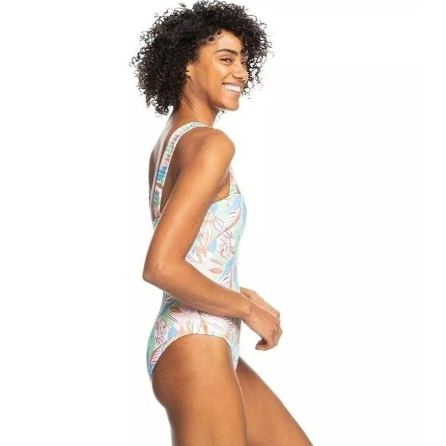 Roxy Love the Coco Sprusetone Notch One-Piece Swimsuit Floral Retro Swimwear