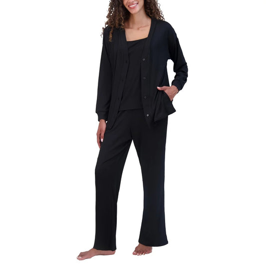 Live2Lounge Women's 3-piece Loungewear Set Cardigan Sleeveless Tank Top Pants Cooling Lightweight Black