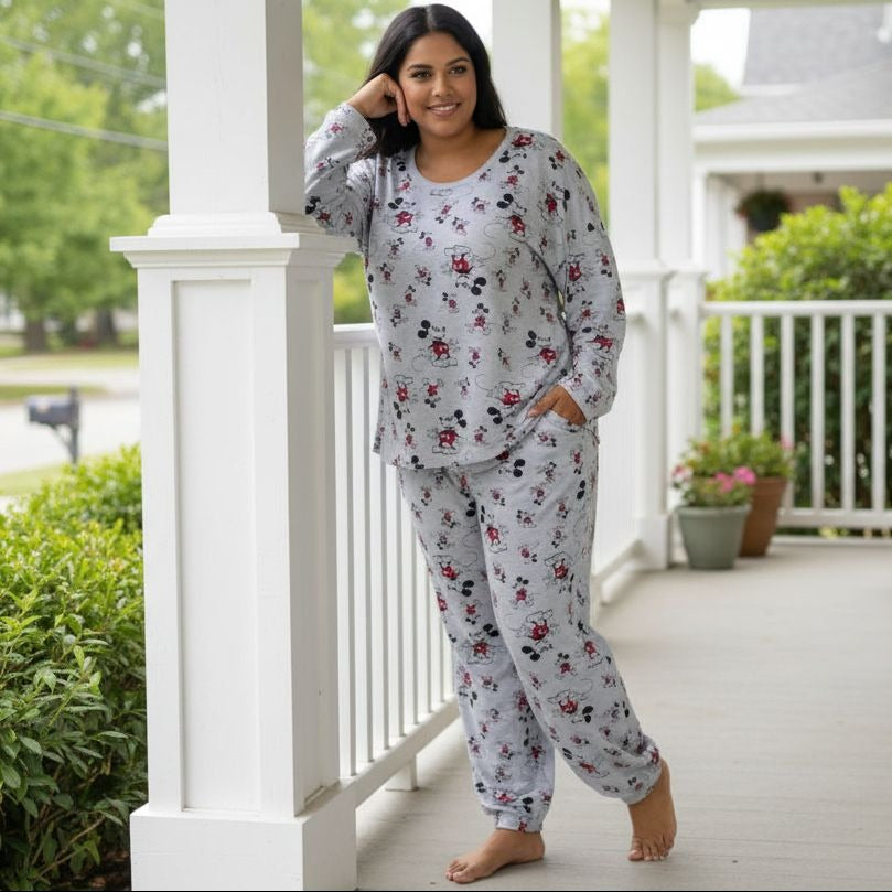 Disney M Womens 2 Piece PJs Mickey Pajama Set Long Sleeve Top Pants Sleepwear