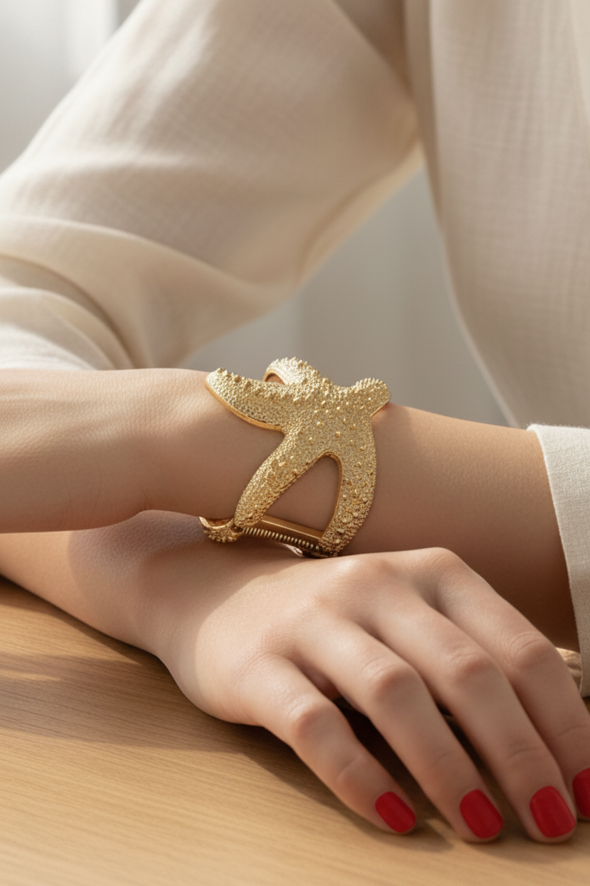 Oversized Starfish Textured Pebble Hinged Cuff Coastal Mermaid Statement Bracelet