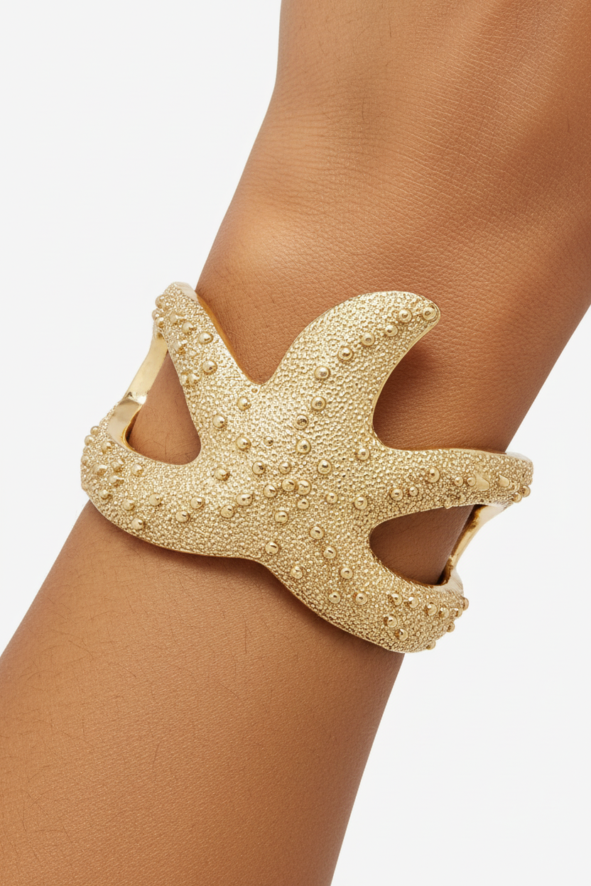 Oversized Starfish Textured Pebble Hinged Cuff Coastal Mermaid Statement Bracelet