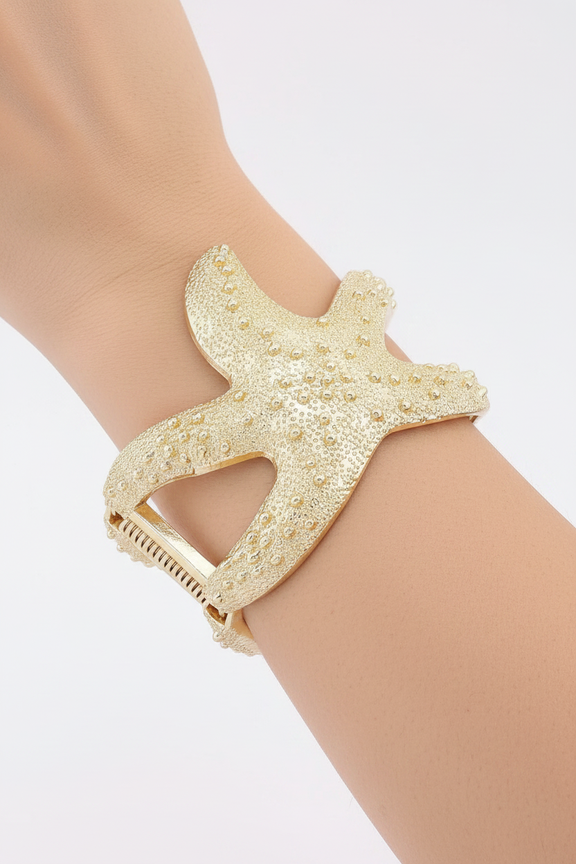 Oversized Starfish Textured Pebble Hinged Cuff Coastal Mermaid Statement Bracelet