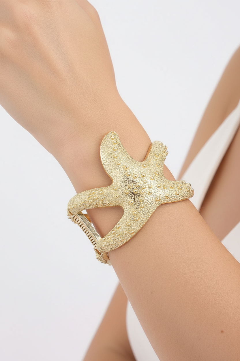 Oversized Starfish Textured Pebble Hinged Cuff Coastal Mermaid Statement Bracelet