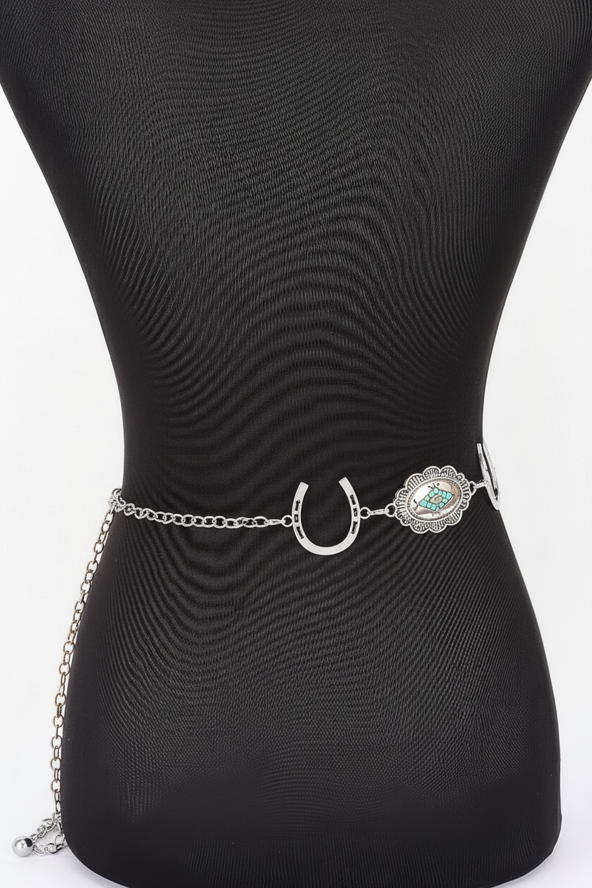 Western Horseshoe Faux Turquoise Concho Chain Belt Southwestern Cowgirl Waist Belt