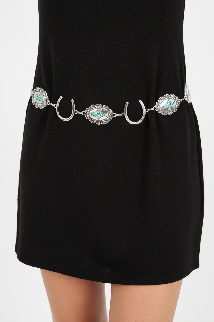 Western Horseshoe Faux Turquoise Concho Chain Belt Southwestern Cowgirl Waist Belt
