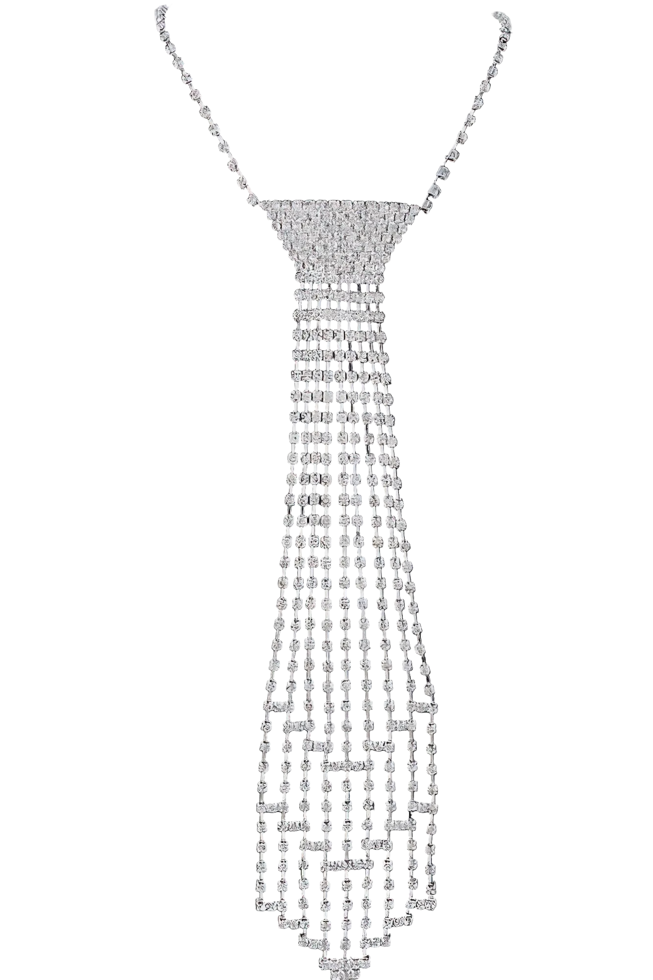 Cubic Zirconia Rhinestone Necktie Cascading Waterfall Statement Necklace