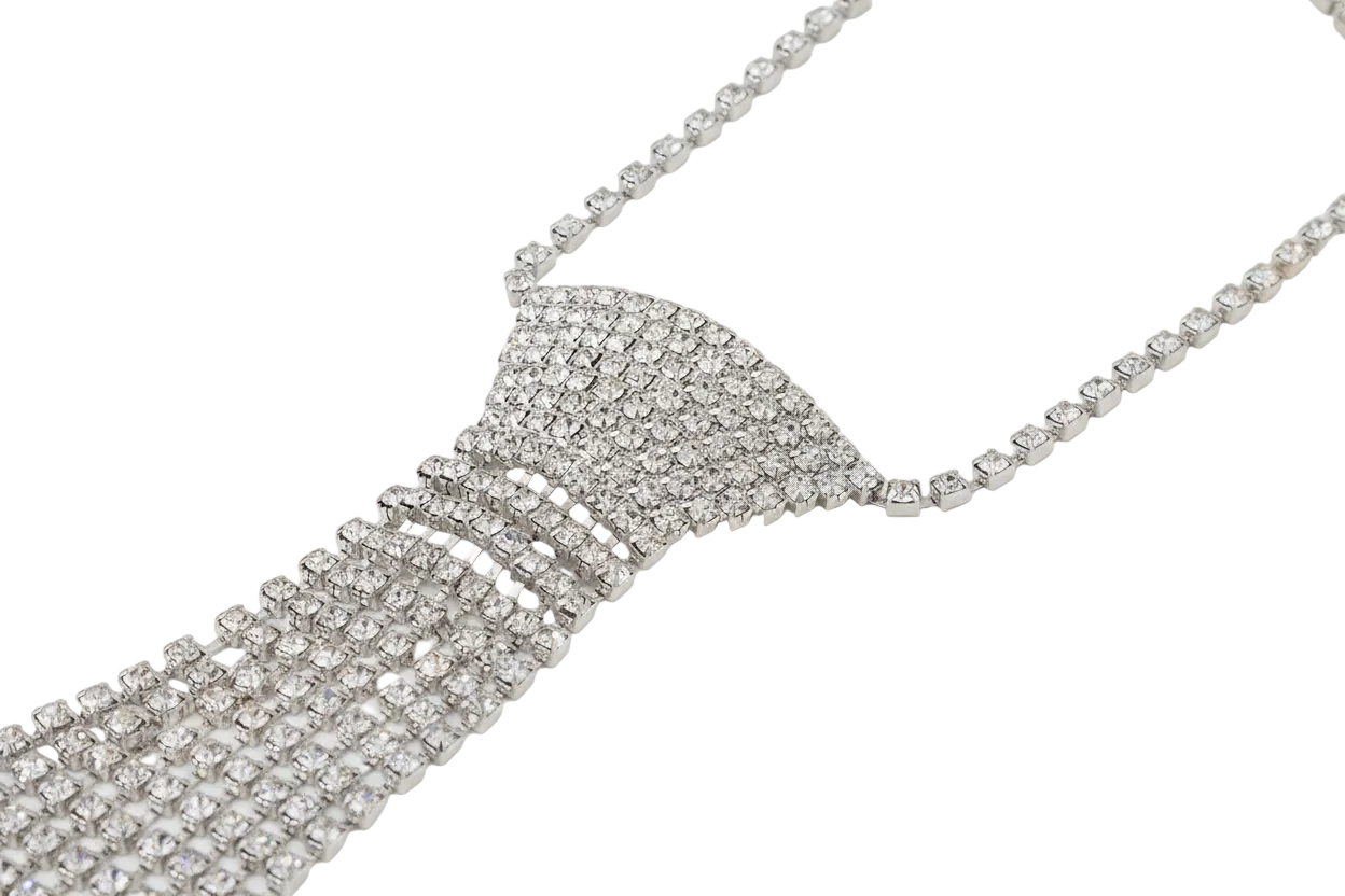 Cubic Zirconia Rhinestone Necktie Cascading Waterfall Statement Necklace