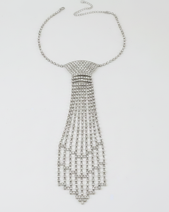 Cubic Zirconia Rhinestone Necktie Cascading Waterfall Statement Necklace