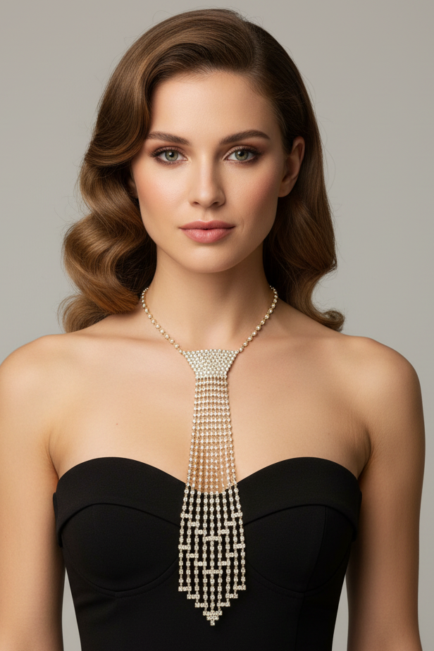Cubic Zirconia Rhinestone Necktie Cascading Waterfall Statement Necklace