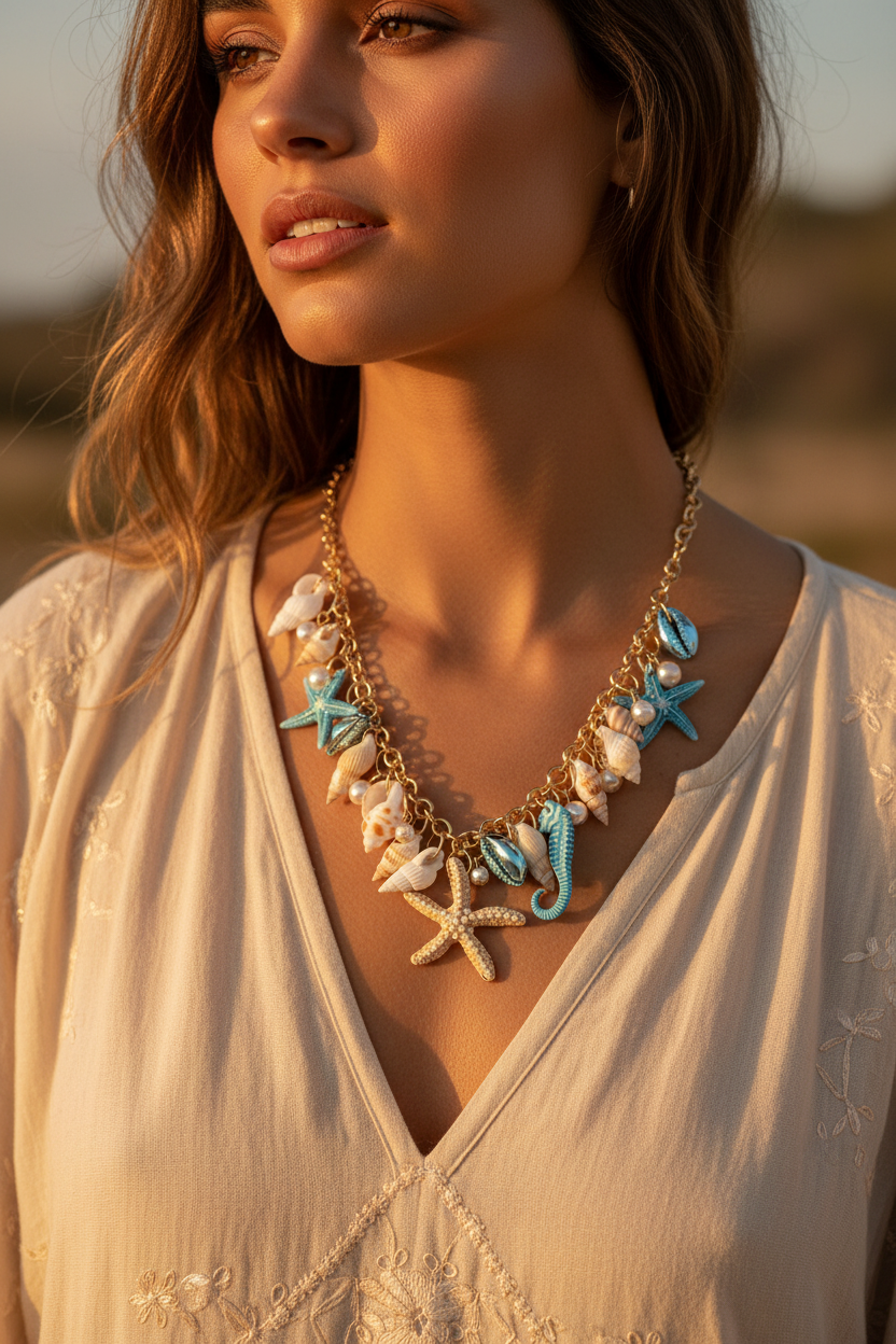 Ocean Seashell Starfish Seahorse Pearl Cluster Fringe Charm Necklace Statement Jewelry