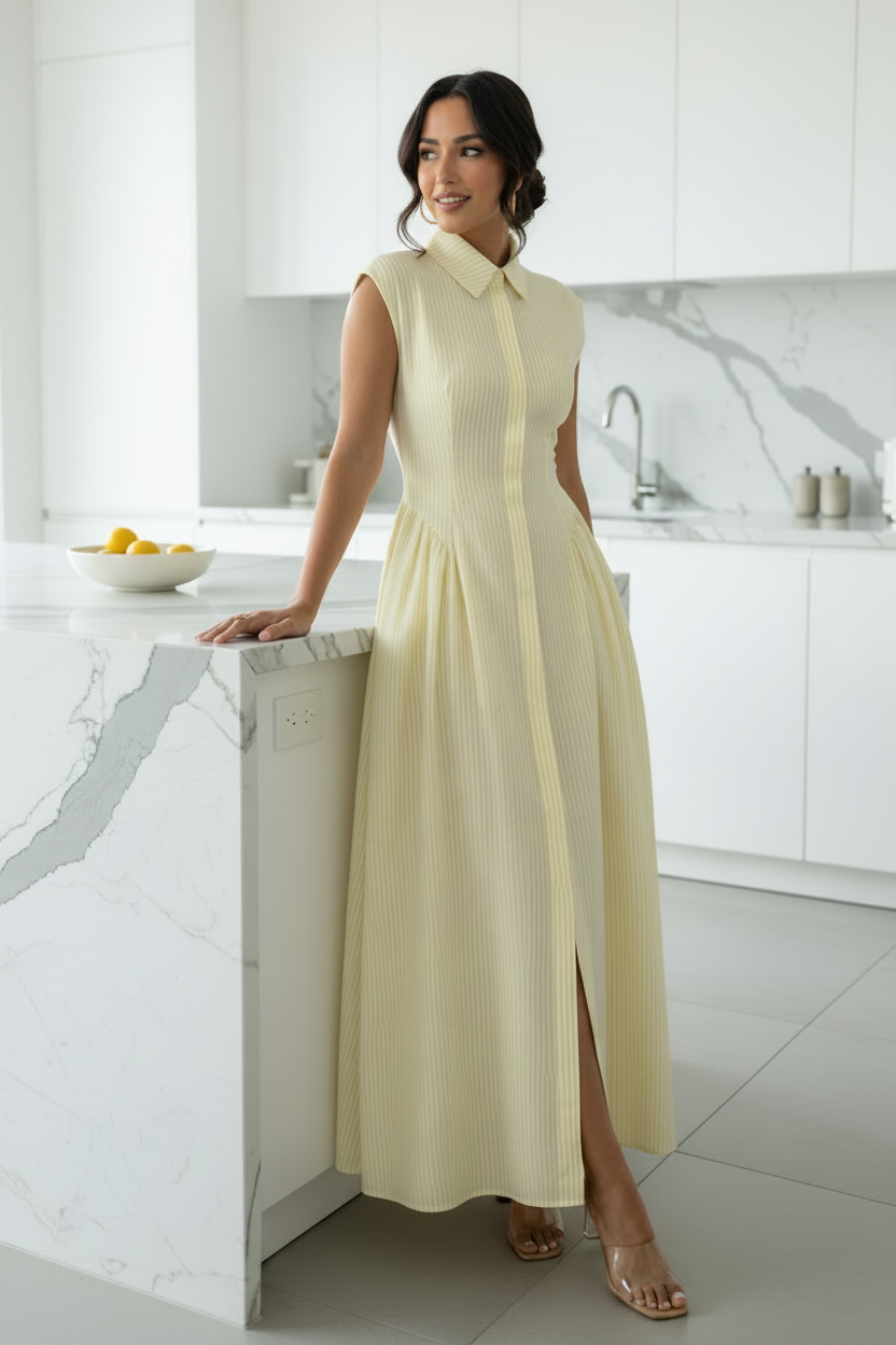Pinstripe Collared Cap Sleeve Princess Seam Basque Waist Full Skirt Maxi Dress