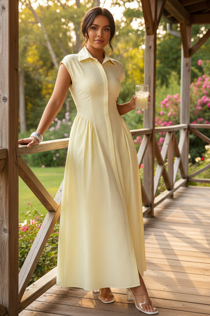 Pinstripe Collared Cap Sleeve Princess Seam Basque Waist Full Skirt Maxi Dress