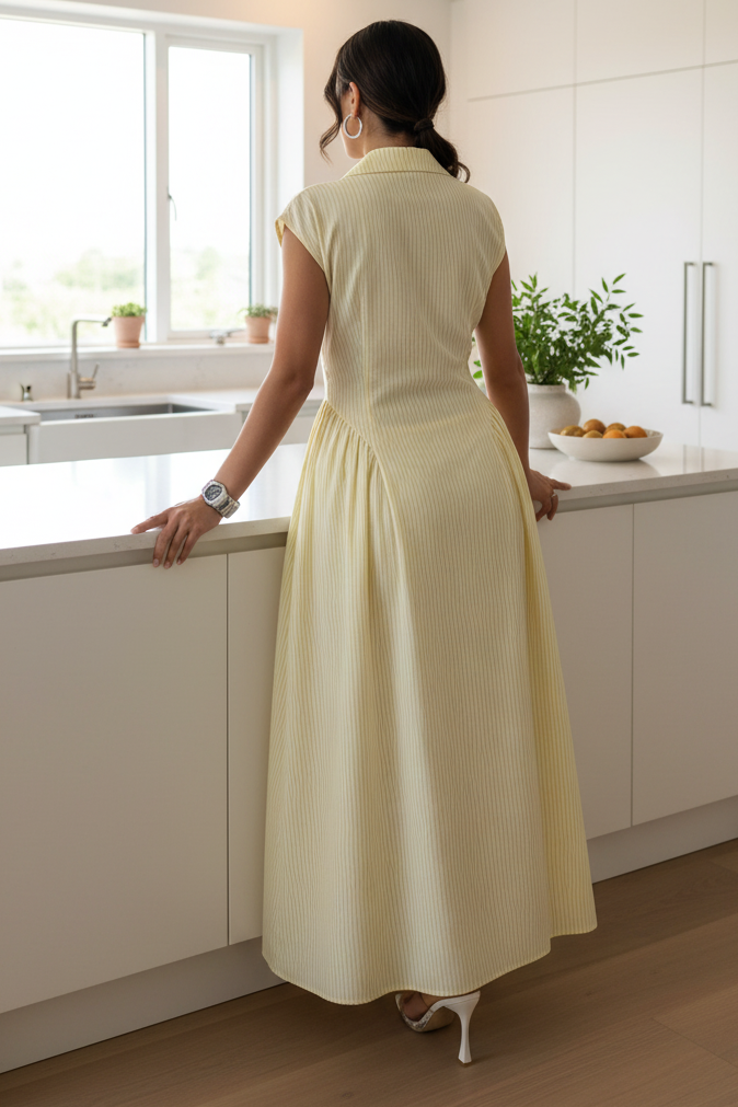 Pinstripe Collared Cap Sleeve Princess Seam Basque Waist Full Skirt Maxi Dress