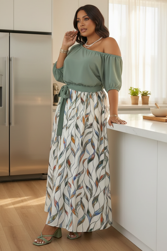 Botanical Leaf One Shoulder Blouson Belted Tie Waist Boho Maxi Dress Plus Size