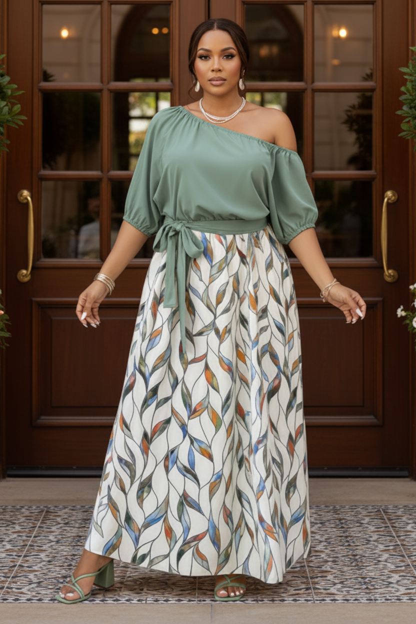 Botanical Leaf One Shoulder Blouson Belted Tie Waist Boho Maxi Dress Plus Size