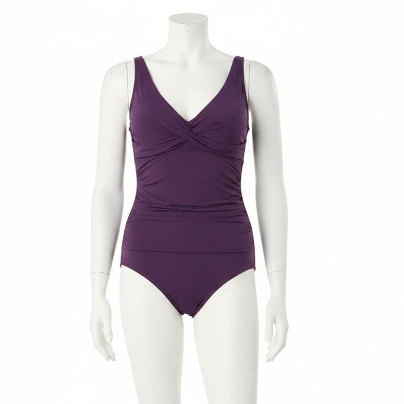 Lands' End Twist Front V-Neck Bathing Suit UPF 50 Purple Swimwear One Piece