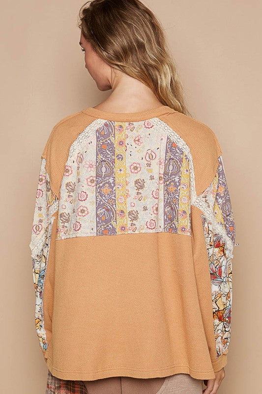 POL Waffle Knit Lace Patchwork Floral Pullover Top Oversized Bohemian Shirt