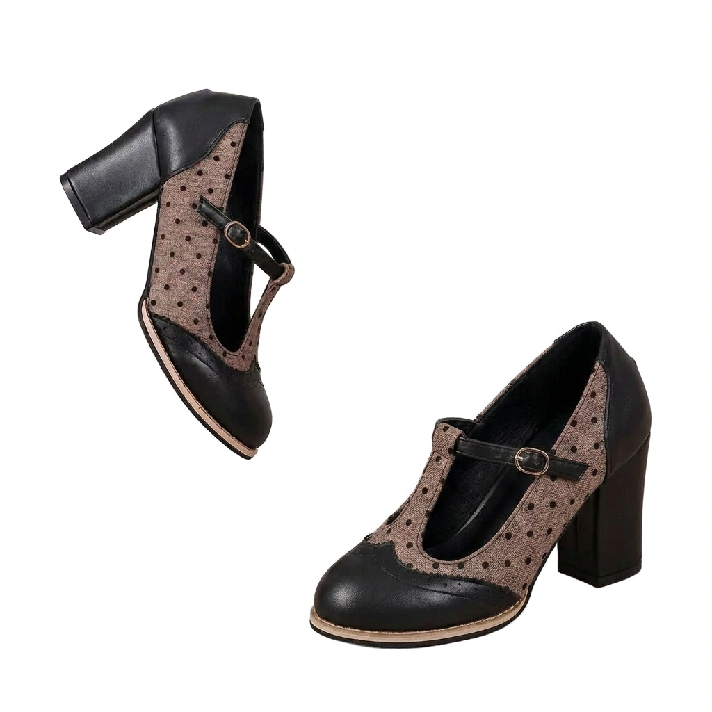 Retro Vintage Spectator T-Strap Mary Jane Pin-up Pumps Polka Dot Block Heel Shoes