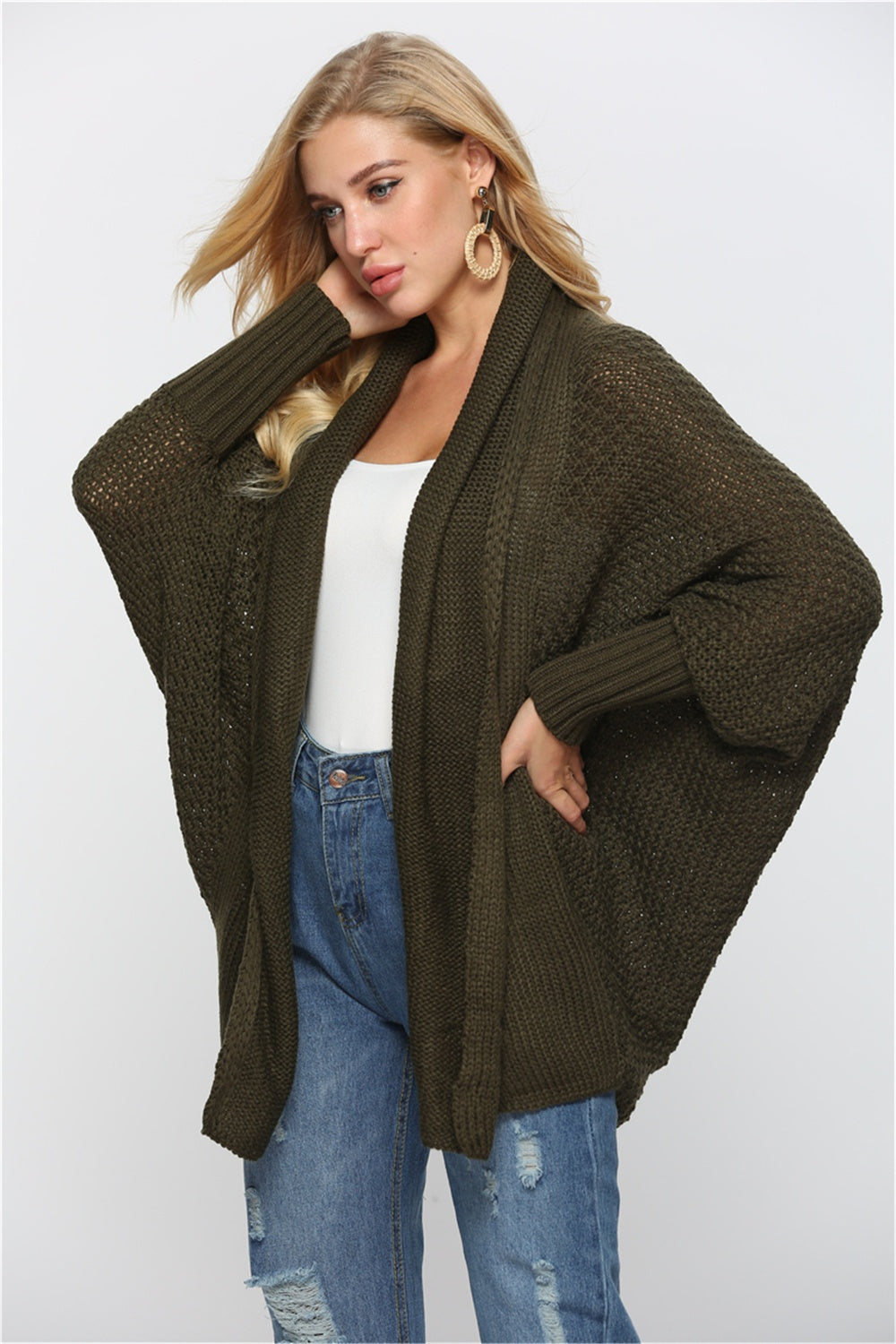 Oversized Knit Cardigan Batwing Sleeve Lightweight Baggy Open Front Sweater