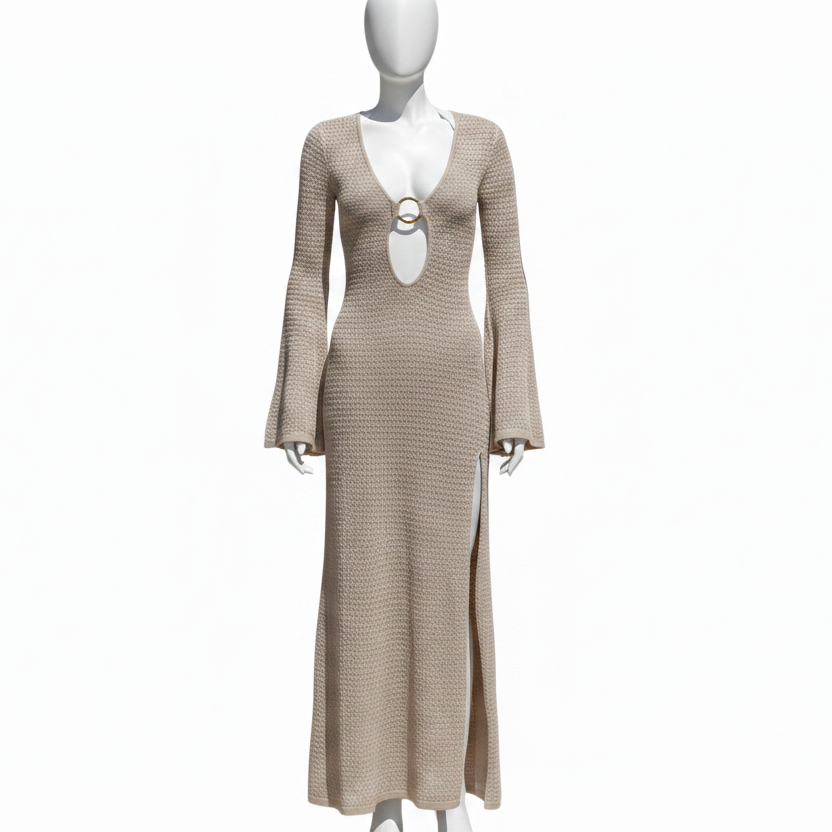 Slit Leg Ring Center Plunge Neck Maxi Flare Bell Sleeve Swimwear Cover-Up Dress