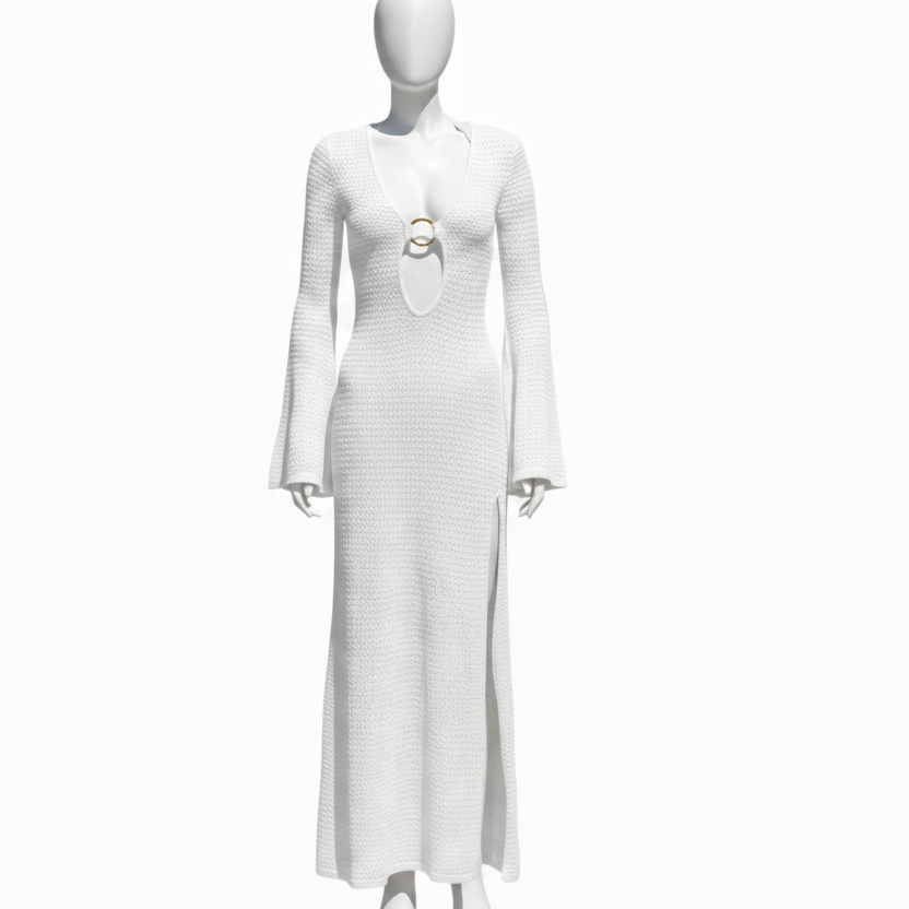 Slit Leg Ring Center Plunge Neck Maxi Flare Bell Sleeve Swimwear Cover-Up Dress