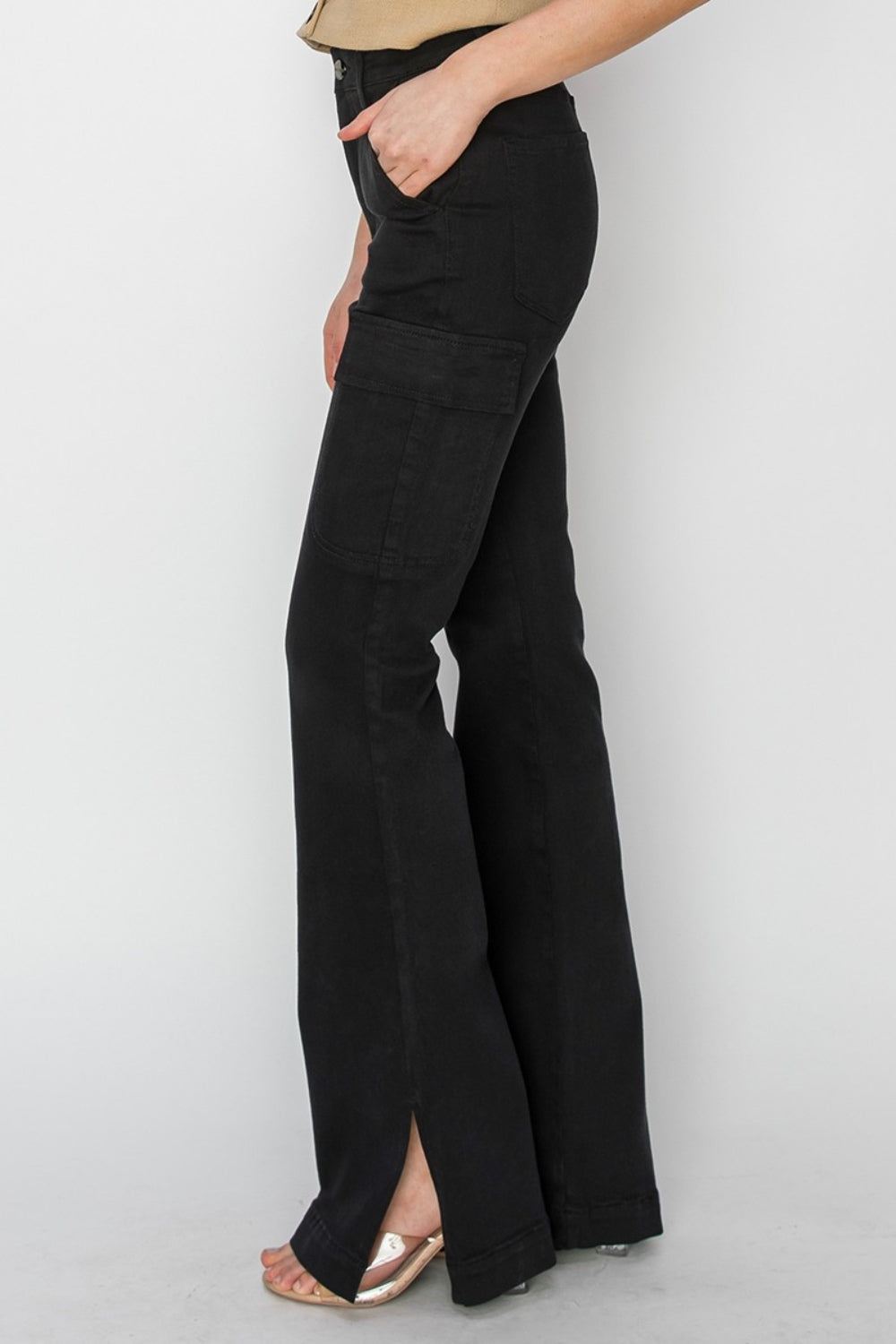 RISEN Cargo Pockets High-Rise Waist Split Hem Bootcut Black Denim Pants Jean