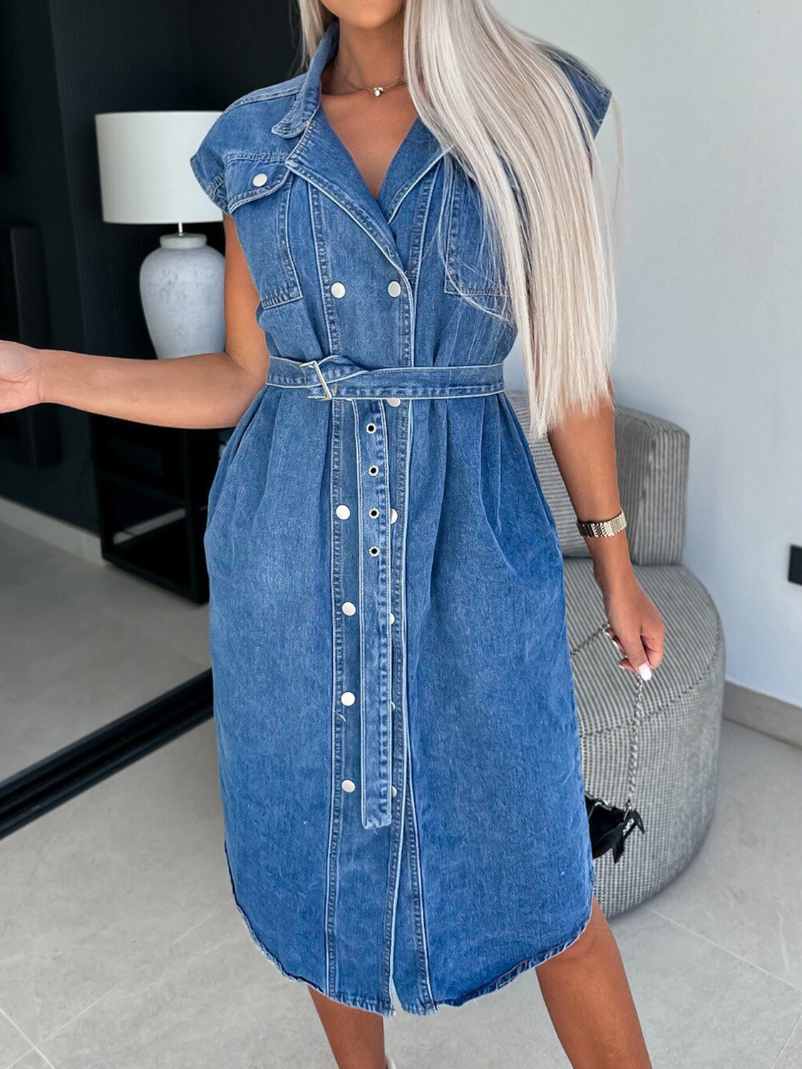 Collared Retro Denim Dress Cap Sleeve Snap Front Oversized Belt Blue Jean T-shirt Midi